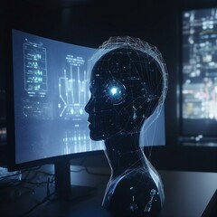 Poster - Closeup on head of a robot humanoid android cyborg with artificial intelligence working at the computer.