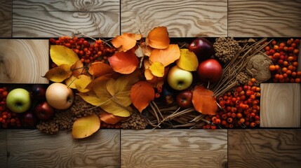 Poster - A variety of different types of fruit arranged on a wooden table. Perfect for food-related projects and healthy eating concepts