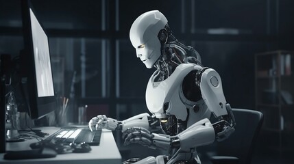 Poster - A robot humanoid android cyborg with artificial intelligence working at the computer.
