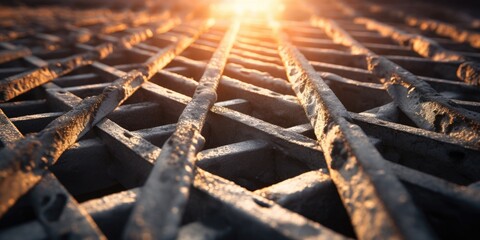 Poster - A close-up view of a metal grate with the sun shining in the background. This image can be used to depict industrial settings or as a metaphor for barriers and obstacles in life