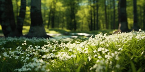 Poster - A beautiful forest filled with white flowers. Perfect for nature lovers and spring-themed designs