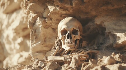 Aufkleber - A skeleton is depicted sitting in a pile of rocks. This image can be used to create a spooky or eerie atmosphere in various projects