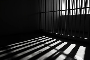 Poster - A black and white photo of a jail cell. Suitable for crime-related projects or any concept requiring a depiction of confinement