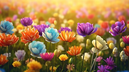 Poster - A beautiful field of colorful flowers with the sun shining in the background. Perfect for nature or garden-related projects