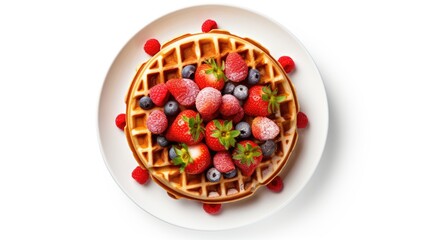 Wall Mural - A delicious waffle topped with fresh strawberries and blueberries. Perfect for breakfast or brunch