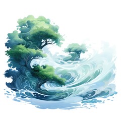 Poster - A beautiful painting depicting a tree standing tall on a wave. This unique artwork captures the harmony of nature and the ocean. Perfect for adding a touch of serenity to any space