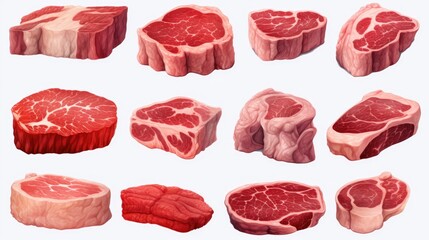 Poster - A collection of different cuts of meat displayed on a clean white background. Ideal for culinary websites, cooking blogs, or butcher shop promotions