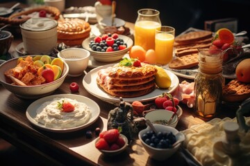 Poster - A wooden table with various plates of delicious food. Perfect for food bloggers or restaurant promotions