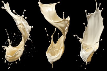 Poster - A captivating image capturing a group of milk splashes suspended in mid-air. Perfect for adding a dynamic touch to food and beverage presentations
