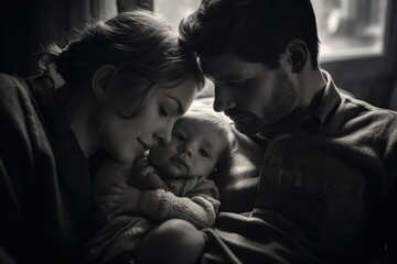 Poster - A black and white photo of a man and woman holding a baby. Suitable for family, parenting, and love themes