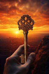 Poster - Hand holding a golden key in front of a beautiful sunset. Perfect for concepts related to unlocking opportunities and new beginnings