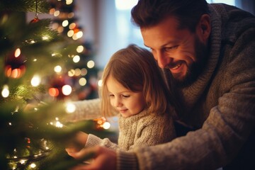 Canvas Print - A man and a little girl are seen decorating a Christmas tree. This heartwarming image captures the joy and excitement of the holiday season. Perfect for holiday-themed projects and advertisements