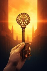 Poster - Hand holding a golden key in front of a beautiful sunset. Perfect for concepts related to success, opportunity, access, unlocking potential, and new beginnings