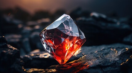 Poster - A red diamond resting on a stack of rocks. Ideal for jewelry or gemstone-related projects