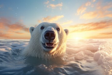 Canvas Print - A stunning image of a polar bear gracefully swimming in the ocean at sunset. Perfect for nature and wildlife enthusiasts.