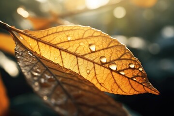 Poster - A detailed view of a leaf with water droplets. Perfect for nature-themed projects or botanical illustrations