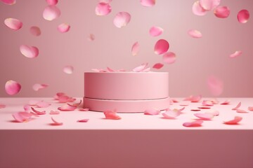 Wall Mural - Pink product podium placement on solid background with rose petals falling. Luxury premium beauty, fashion, cosmetic and spa gift stand presentation. Valentine day present showcase. generative ai.