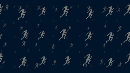 Poster - Running woman symbols float horizontally from left to right. Parallax fly effect. Floating symbols are located randomly. Seamless looped 4k animation on dark blue background