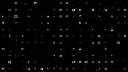 Poster - Template animation of evenly spaced photo camera symbols of different sizes and opacity. Animation of transparency and size. Seamless looped 4k animation on black background with stars