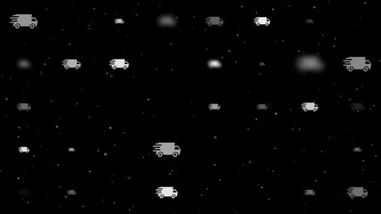 Poster - Template animation of evenly spaced delivery symbols of different sizes and opacity. Animation of transparency and size. Seamless looped 4k animation on black background with stars