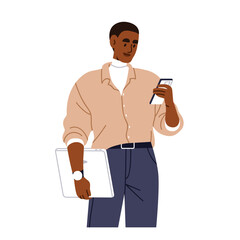 Poster - Black business man using mobile phone. Person holding smartphone, cellphone in hand, looking, reading work message. Office worker and cell device. Flat vector illustration isolated on white background