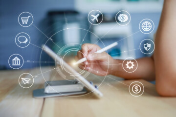 Poster - hand of woman using digital pencil write to tablet with head-up display interface icons design eleme