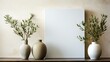 Textured design vase, pot with olive tree branches on a wooden shelf. Monotone wall background with copy space, blank, frame. Mediterranean interior inspiration.