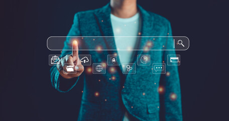 Fototapete - Businessman Search On Virtual Screen Data Search Technology Search Engine Optimization. Man use computer to Searching for information. Using web Console for data, SEO.Search with Ai assistant.