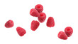 Fresh ripe raspberries falling on white background