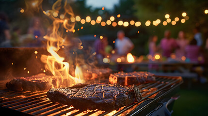Wall Mural - Barbecue party with people in the background, grilled steak, grilled meat, fire, summer party, barbecue in the garden, people having fun, family and friends, bbq