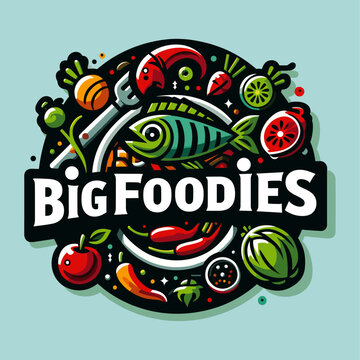 Food, restaurant, cooking or similar logos include fish, vegetables, fruit on a plate, in vector format