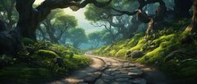 A Panoramic View Of A Winding Forest Path