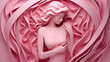 Graceful pink paper art of a woman in a self-exam posture, encapsulating breast cancer awareness and the empowerment of female health.