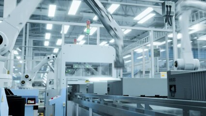 Fototapete - Electronics Factory 3D Concept: Automated Robot Arm Assembly Line Manufacturing Advanced Electronic Components for Different Industries. Conveyor Line Producing Electrical Equipment in Modern Facility