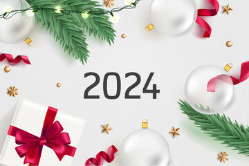Poster - New year flat lay illustration with traditional elements and 2024 inscription
