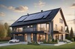 New suburban house with a photovoltaic system on the roof. Modern eco friendly passive house with landscaped yard. Solar panels on the gable roof