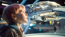 A Closeup Of A Young Child Gazing In Wonder At A Model Spaceship, Representing The Potential For The Future Generation To View Space Tourism As A Normal And Attainable Goal.