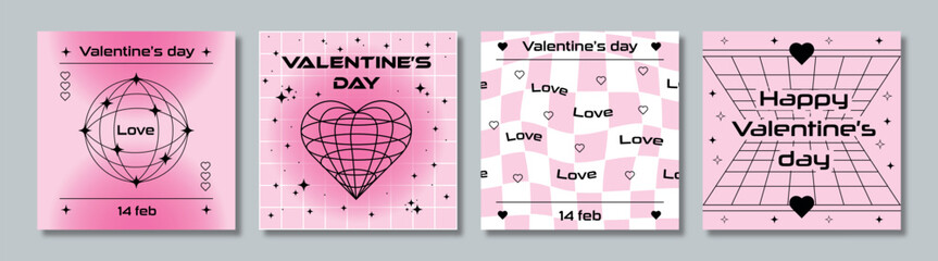 Poster - Set of Valentine's Day card designs in y2k style. Fashionable minimalist aesthetics. Vector templates for banner, poster, post, cover