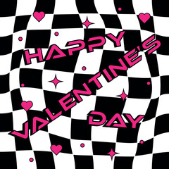 Poster - The inscription Happy Valentine's Day in y2k style on a checkered background with stars and hearts. Vector template for banner, card, invitation, post, cover