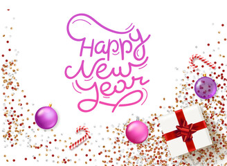 Aufkleber - Happy new year concept. Gift box with red bow and color glass baubles with confetti. 3d vector flat lay banner