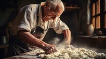 Senior italian whiskered man making homemade pasta on old wooden table in sunny morning in country house.