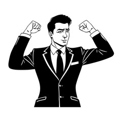 Wall Mural - Politician with his hands raised high. Businessman celebrating victory. A man in a business suit. Successful man. Black and white portrait . Character comics avatar icon. Flat isolated illustration on