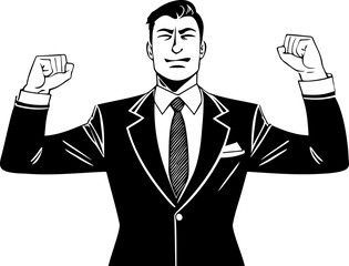 Wall Mural - Politician with his hands raised high. Businessman celebrating victory. A man in a business suit. Successful man. Black and white portrait . Character comics avatar icon. Flat isolated illustration on