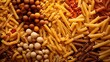 Layout of Italian raw pasta, top view, different types and shapes of pasta. Durum wheat noodles, whole wheat pasta.