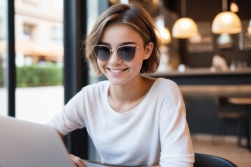 Wall Mural - woman in sunglasses with laptop in cafe