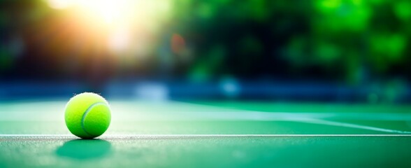 Wall Mural - Tennis ball on tennis green court with soft focus at sunset  Tennis tournament concept horizontal wallpaper background, copy space for text 