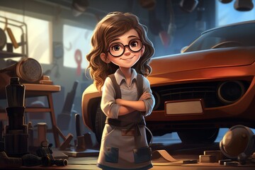Poster - Engineer child girl car assembly shop. Vehicle repair. Generate AI