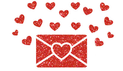 Wall Mural - Red glitter Envelope and hearts on transparent background.