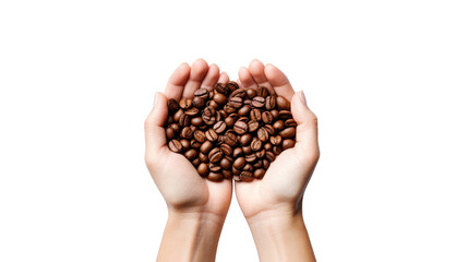 Wall Mural - Fresh roasted coffee beans holding in hands isolated on white background