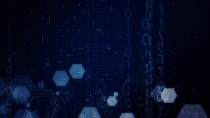 hexagon shape with abstract geometric moving motion particles data binary code for technology futuristic background design. Clean hexagonal digital element pattern with empty space animation video.